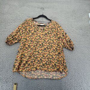 Terra & Sky Top Womens 1X Multicolor Floral Print 3/4 Sleeve Rayon High-Low Hem